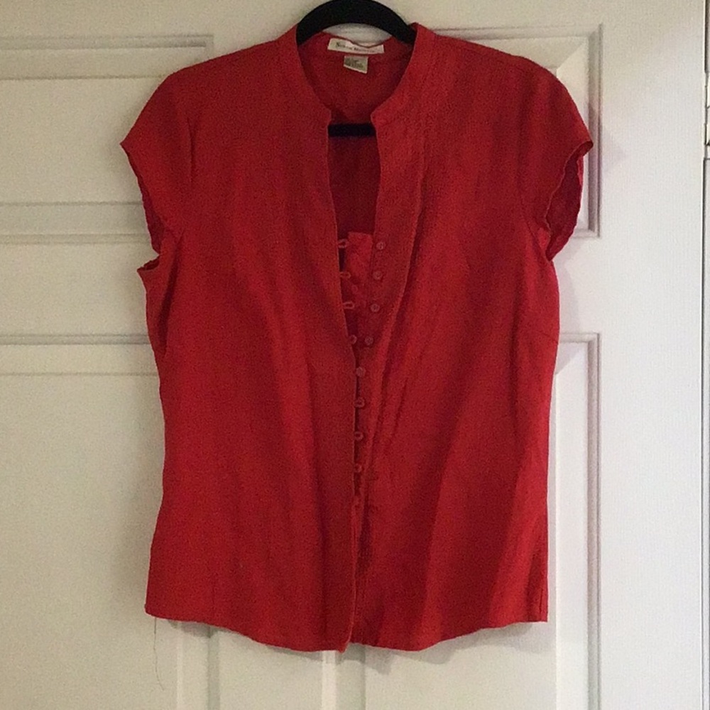 Susan Bristol red short sleeves blouse with cute embroidery and buttons